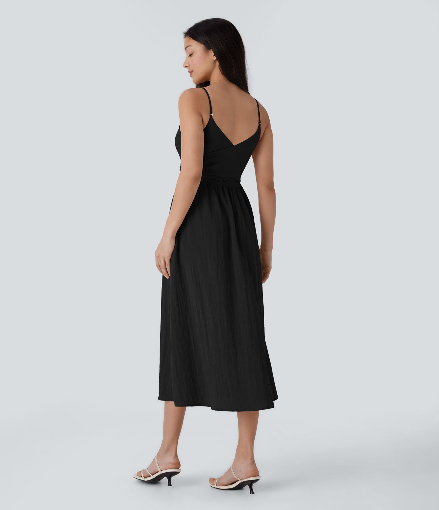 Shirred Tie Pocket Flowy Midi Casual Linen-Feel Dress-Front and Back Wearable