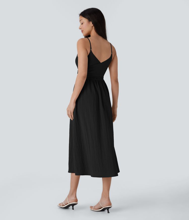 Shirred Tie Pocket Flowy Midi Casual Linen-Feel Dress-Front and Back Wearable