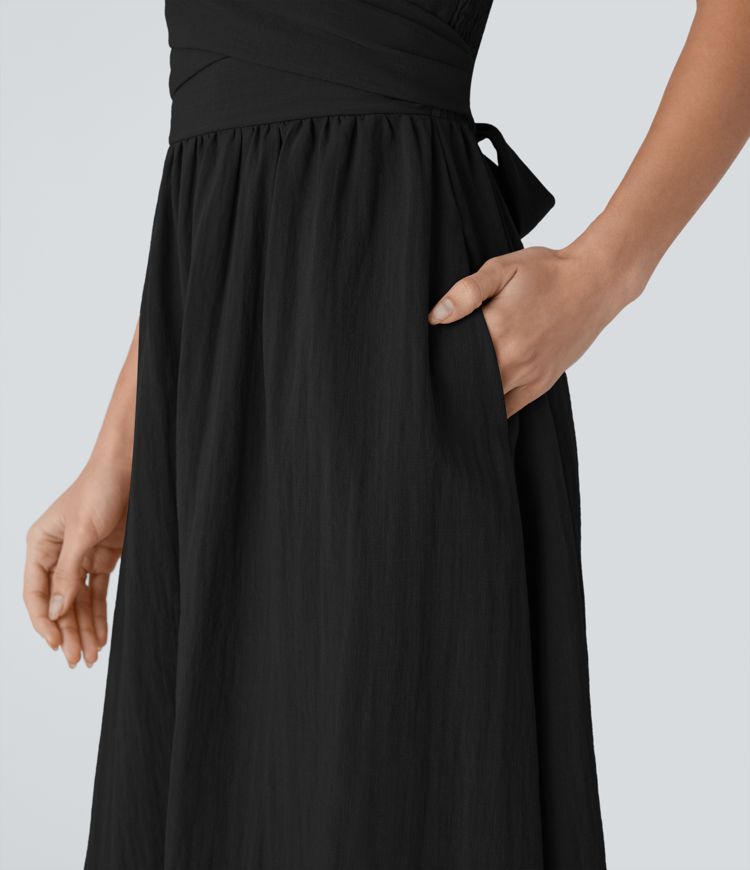 Shirred Tie Pocket Flowy Midi Casual Linen-Feel Dress-Front and Back Wearable