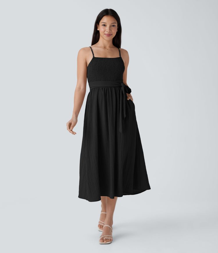 Shirred Tie Pocket Flowy Midi Casual Linen-Feel Dress-Front and Back Wearable