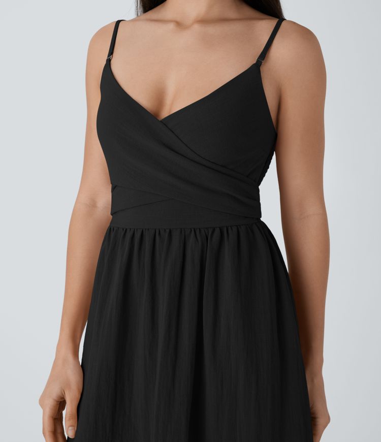 Shirred Tie Pocket Flowy Midi Casual Linen-Feel Dress-Front and Back Wearable