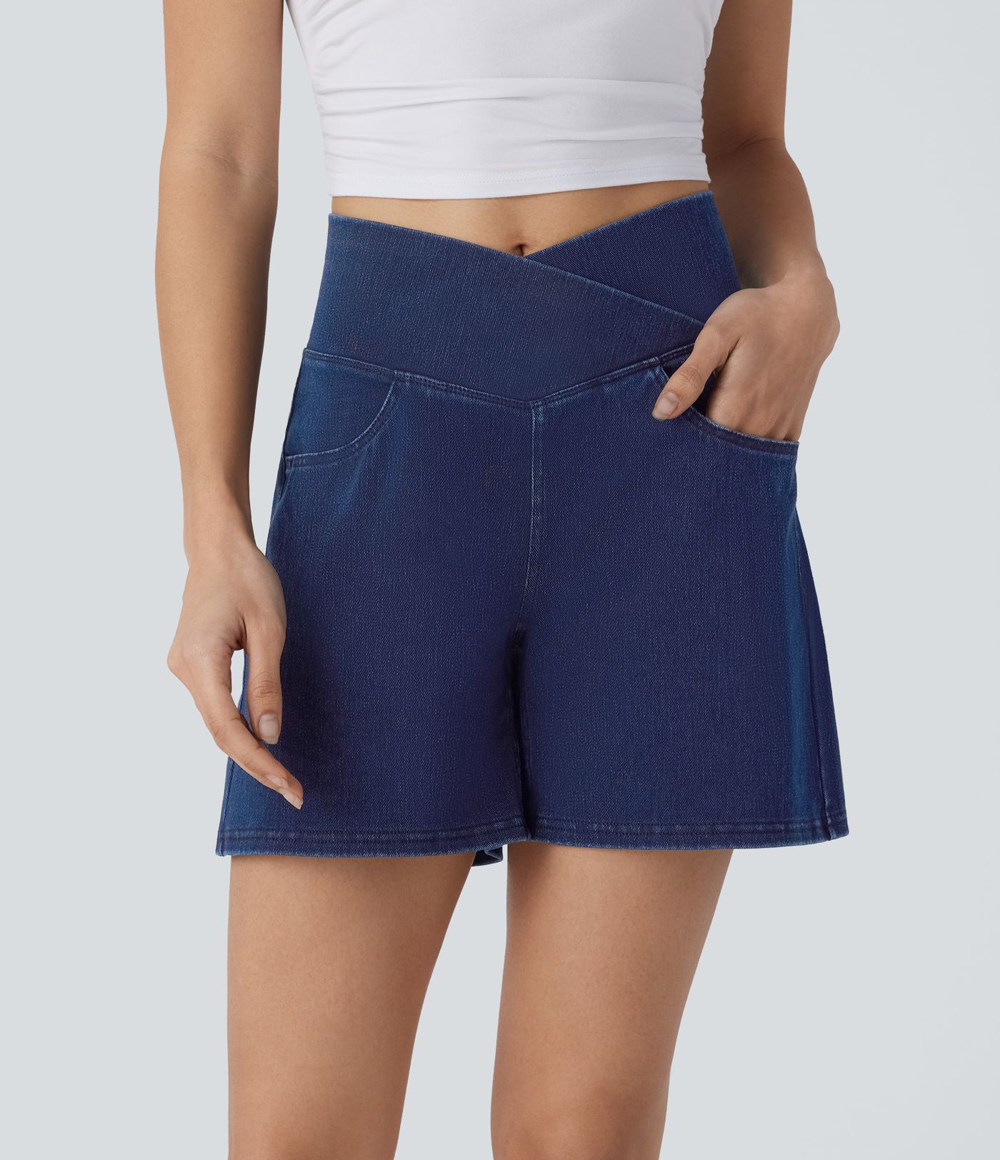 Halara Flex™ Crossover High Waisted Pockets Wide Leg A Line Washed Denim Casual Shorts