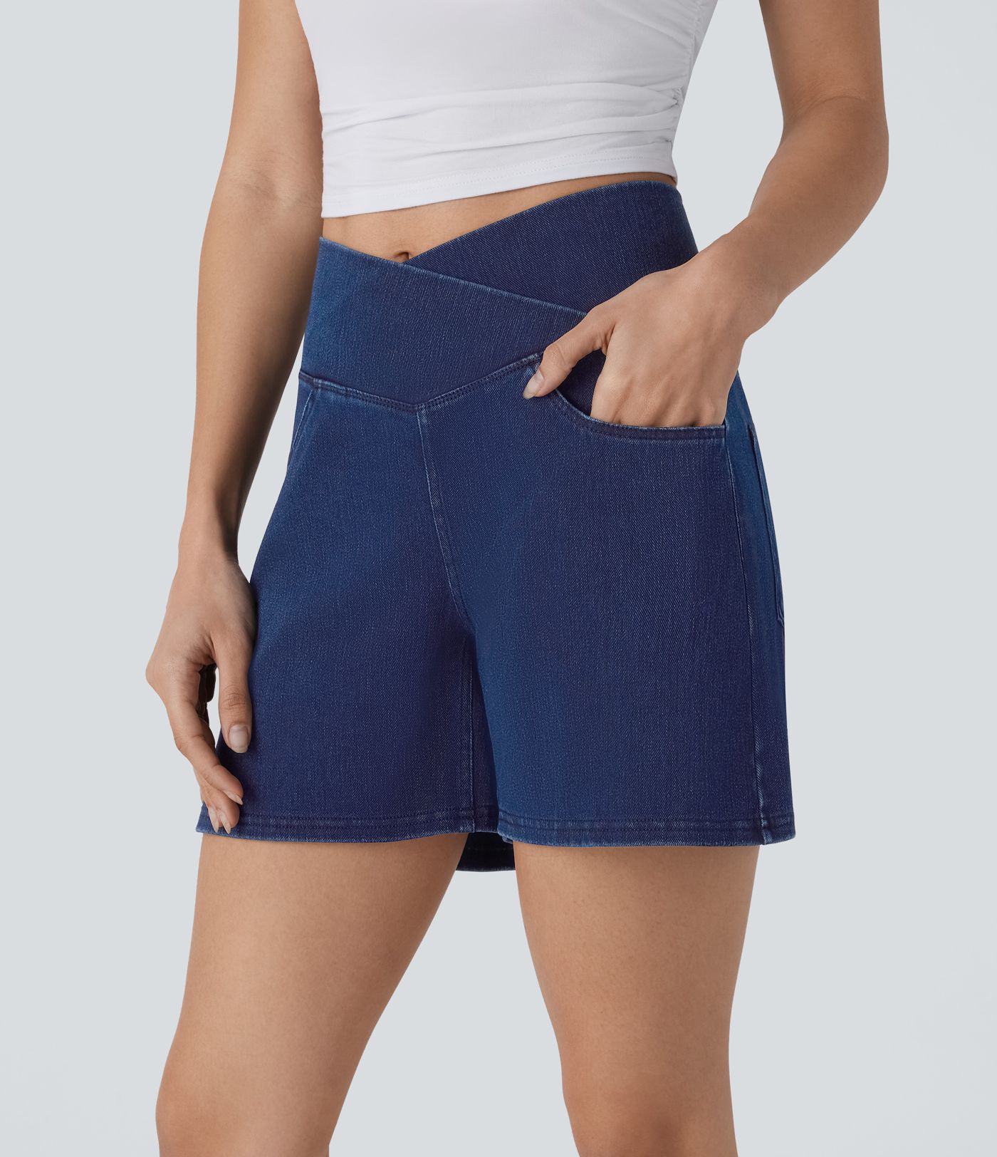 Halara Flex™ Crossover High Waisted Pockets Wide Leg A Line Washed Denim Casual Shorts