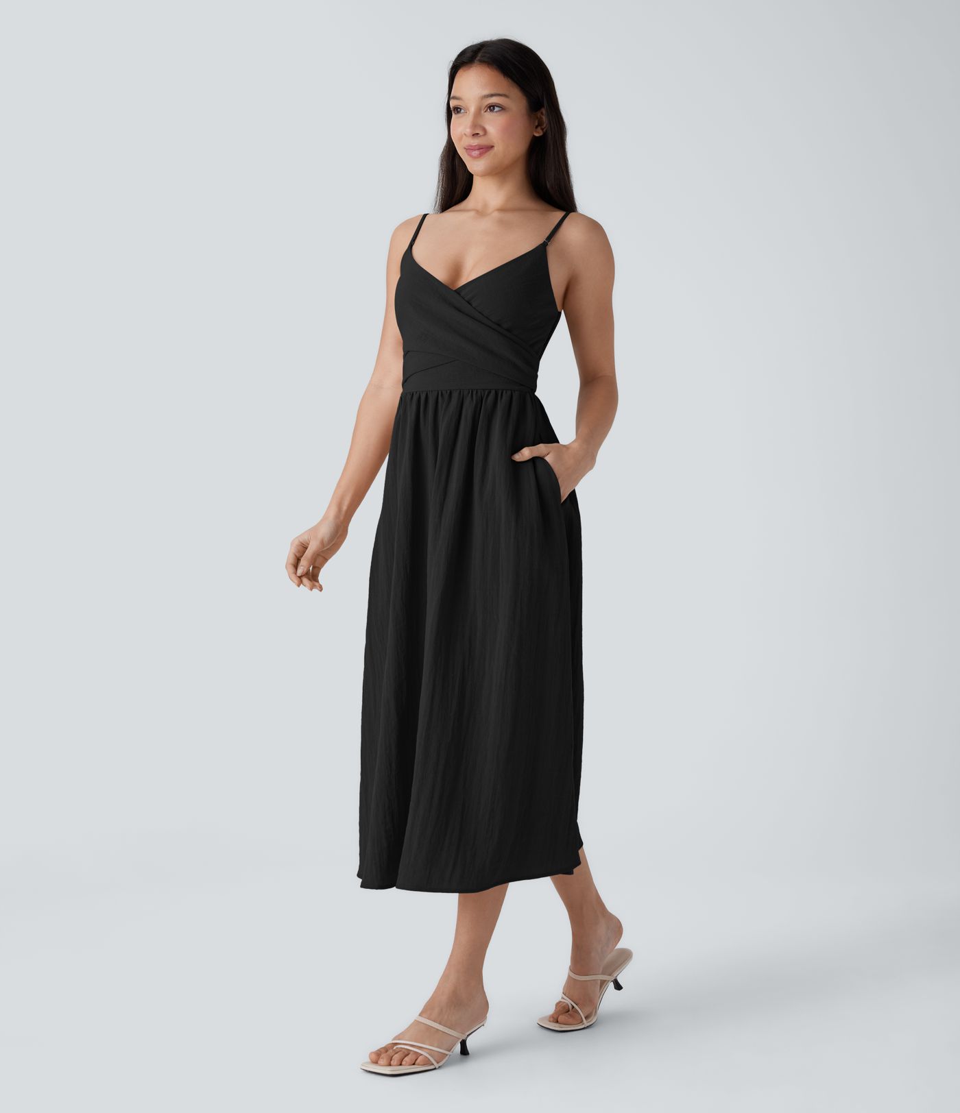 Shirred Tie Pocket Flowy Midi Casual Linen-Feel Dress-Front and Back Wearable