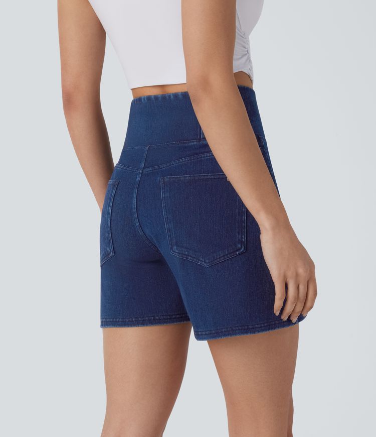 Halara Flex™ Crossover High Waisted Pockets Wide Leg A Line Washed Denim Casual Shorts