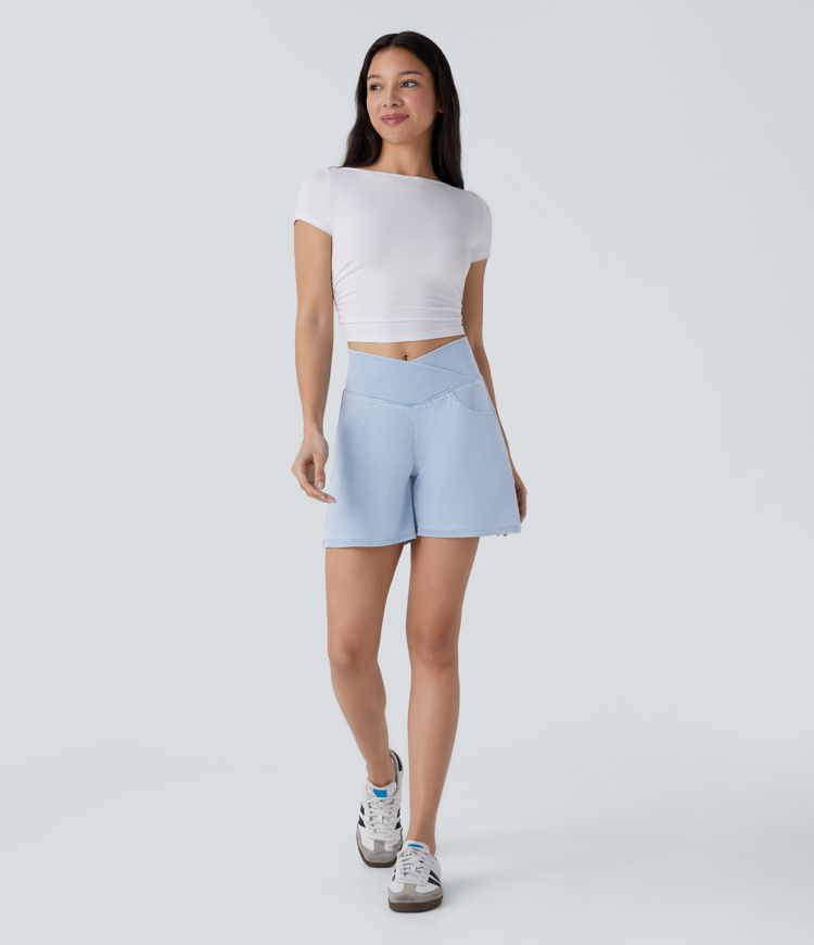 Halara Flex™ Crossover High Waisted Pockets Wide Leg A Line Washed Denim Casual Shorts