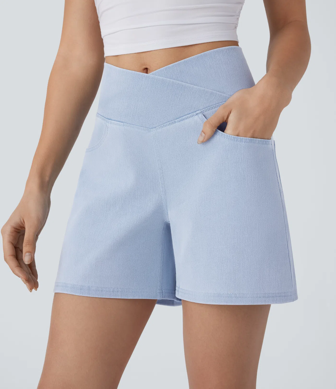 Halara Flex™ Crossover High Waisted Multiple Pockets Wide Leg A Line Washed Stretchy Knit Denim Casual Shorts