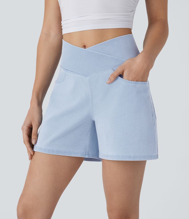Halara Flex™ Crossover High Waisted Multiple Pockets Wide Leg A Line Washed Stretchy Knit Denim Casual Shorts