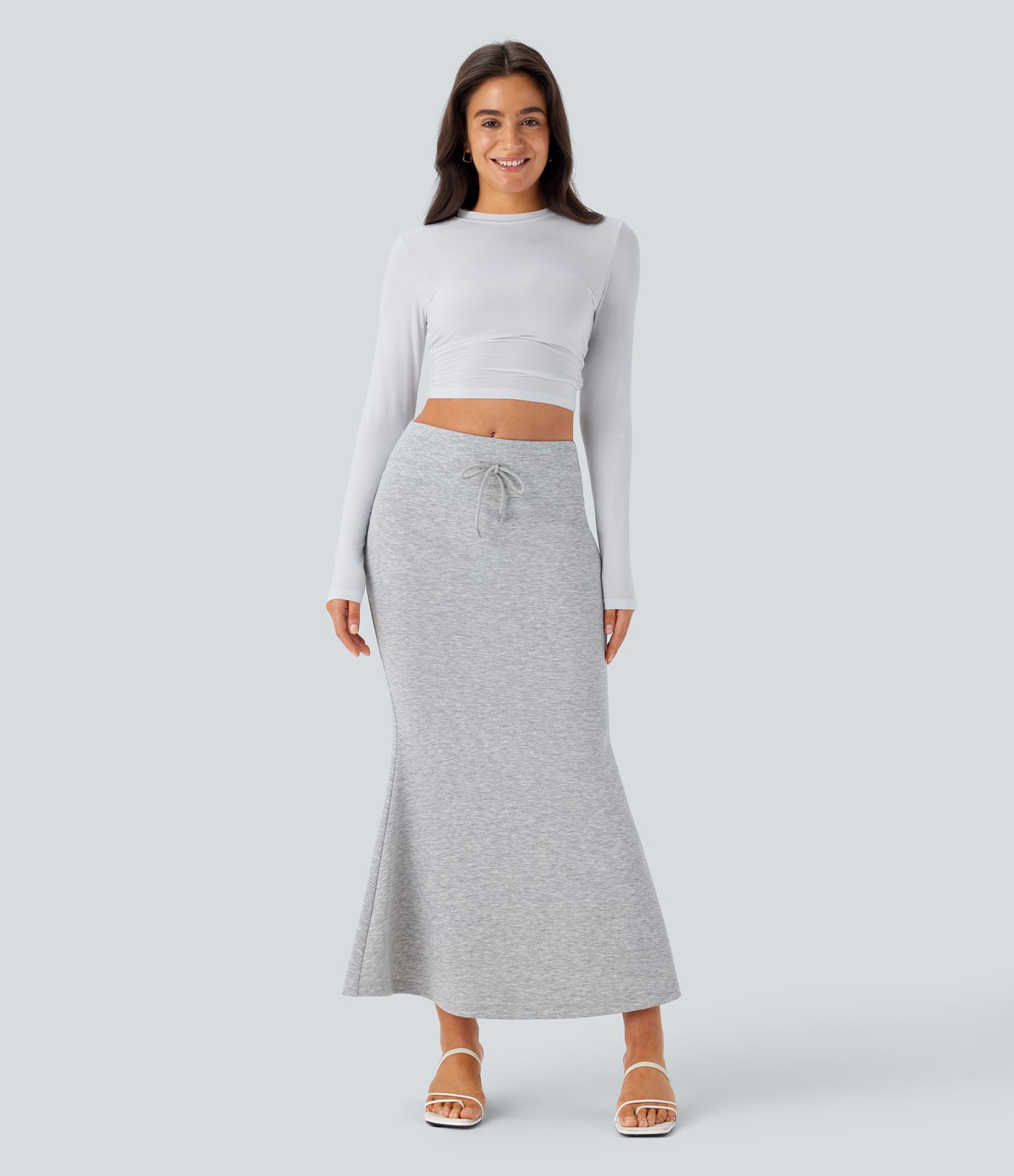 Mid Rise Tummy Control Drawstring Bodycon Maxi Casual Mermaid Skirt