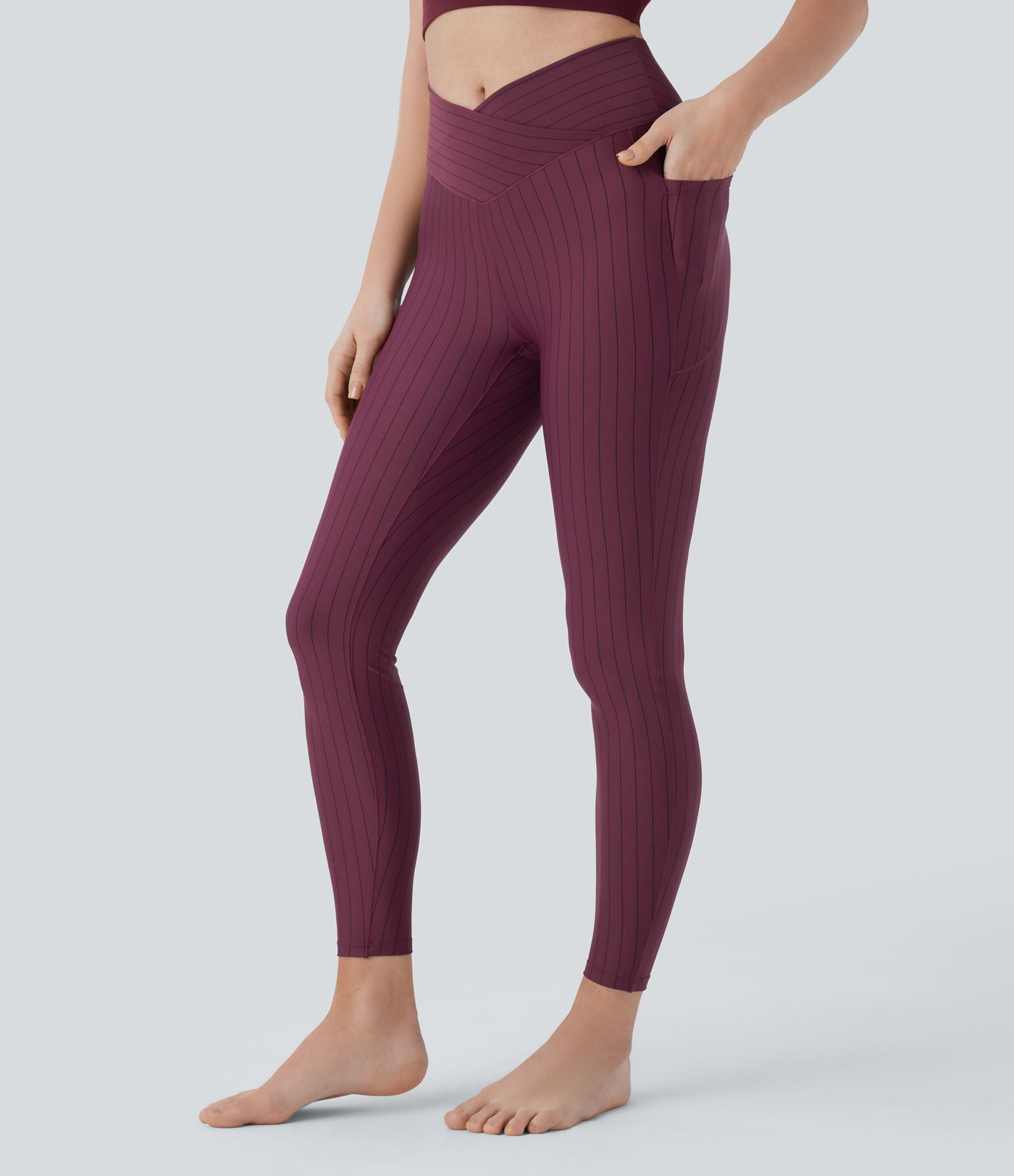 Crossover High Waisted Pocket Stripe 7/8 Cool Touch Yoga Leggings