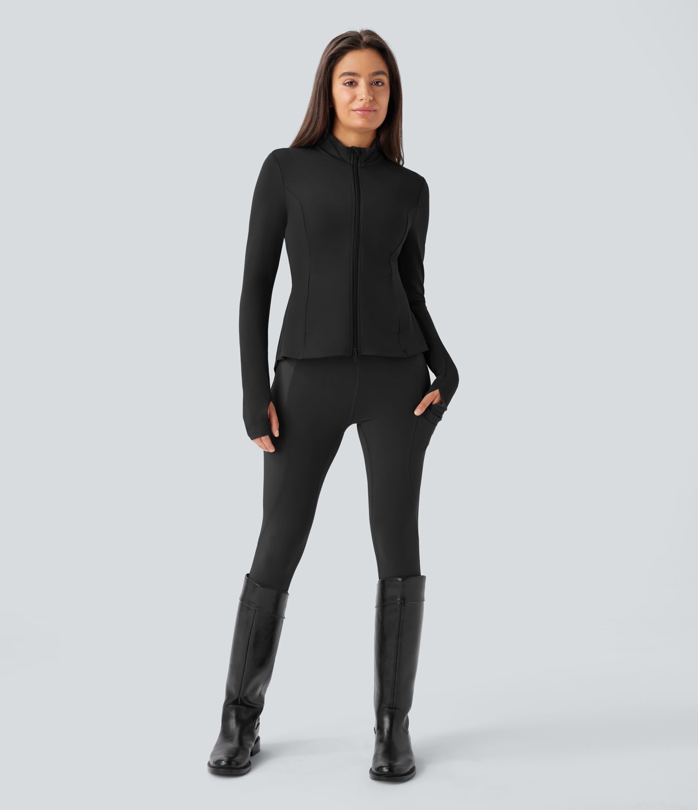 Softlyzero™ Stand Collar Thumb Hole Pockets Pleated Zipper Slim Equestrian Horse Riding Jacket-UPF50+