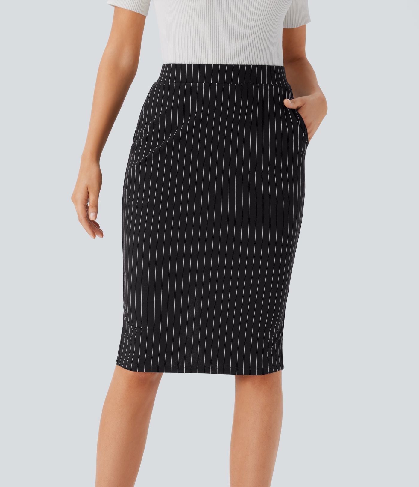 High Waisted Side Pocket Split Hem  Stripe Bodycon Work Skirt