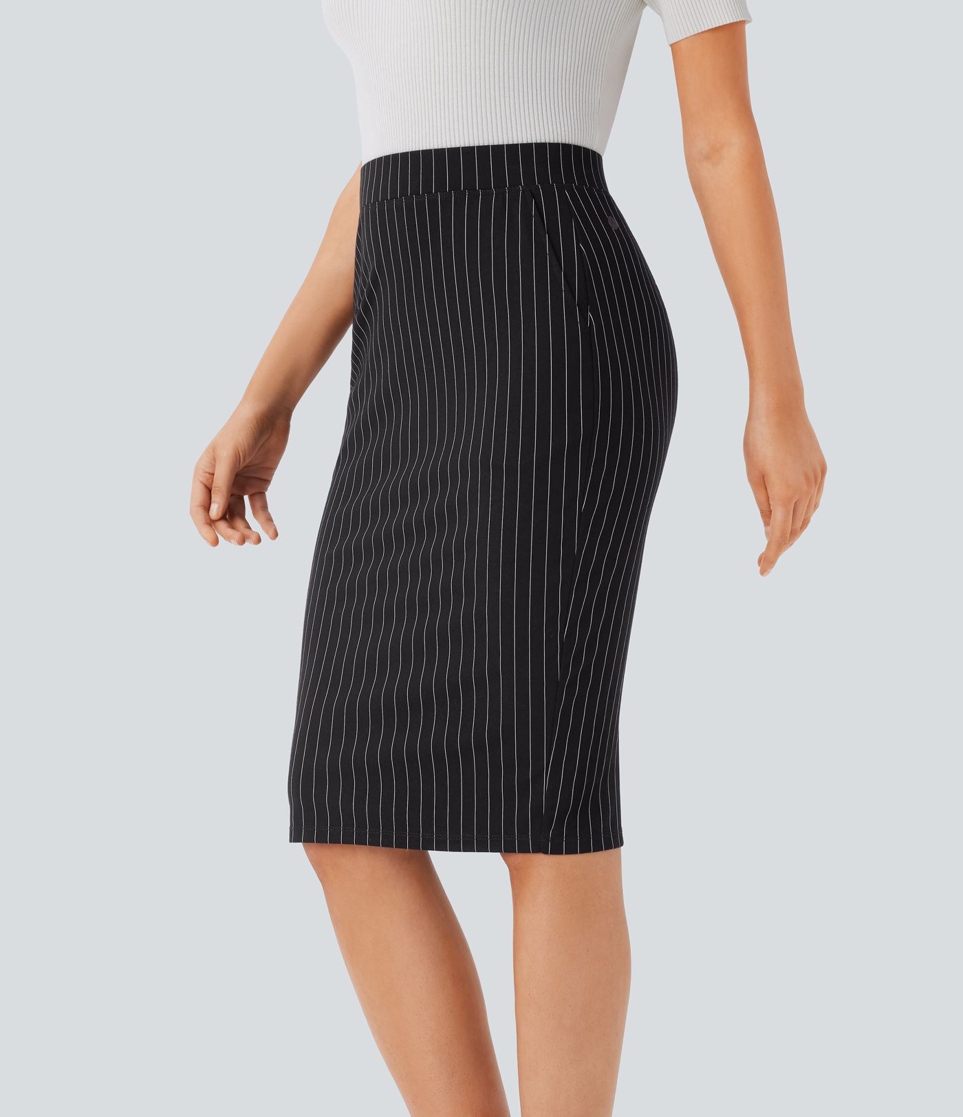 High Waisted Side Pocket Split Hem  Stripe Bodycon Work Skirt