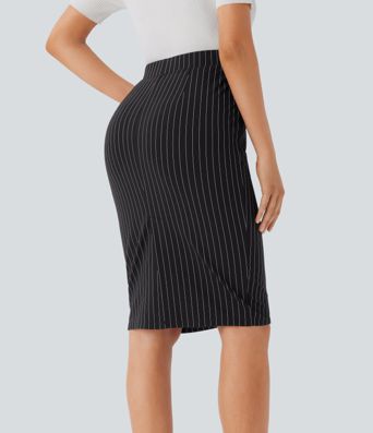 High Waisted Side Pocket Split Hem  Stripe Bodycon Work Skirt
