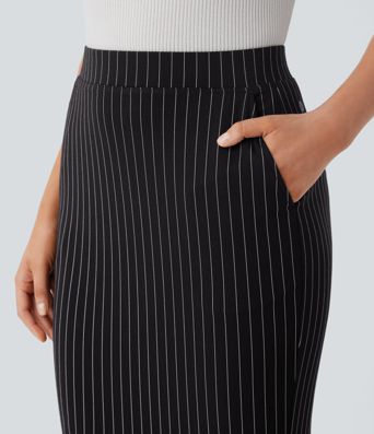 High Waisted Side Pocket Split Hem  Stripe Bodycon Work Skirt