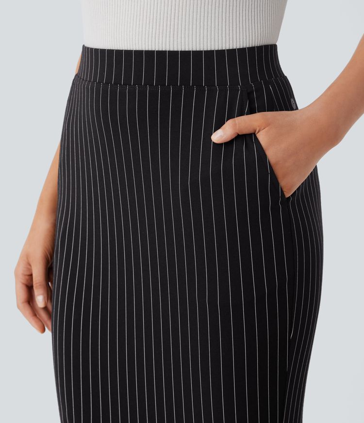 High Waisted Side Pocket Split Hem  Stripe Bodycon Work Skirt