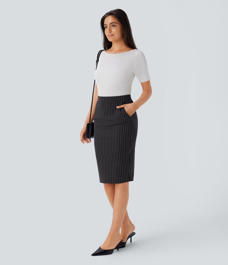 High Waisted Side Pocket Split Hem  Stripe Bodycon Work Skirt
