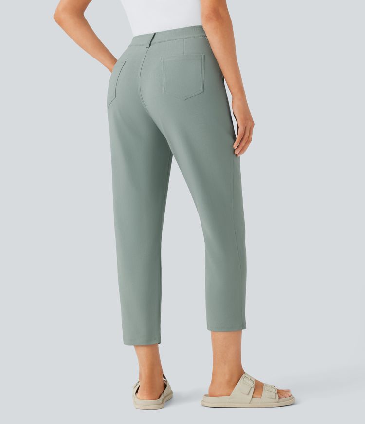 Mid Rise Pockets Casual Tapered Pants