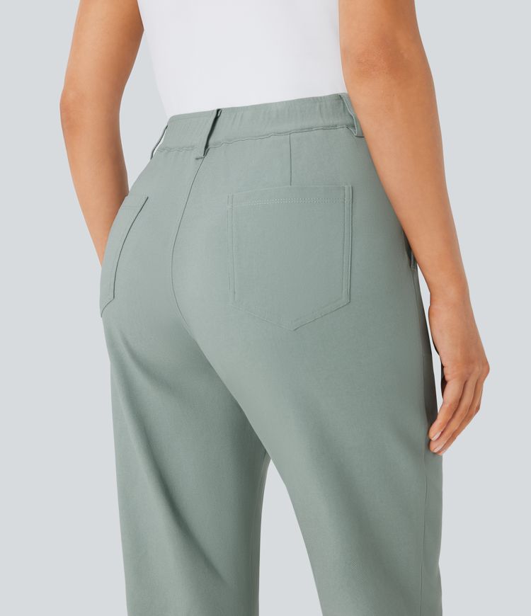 Mid Rise Pockets Casual Tapered Pants