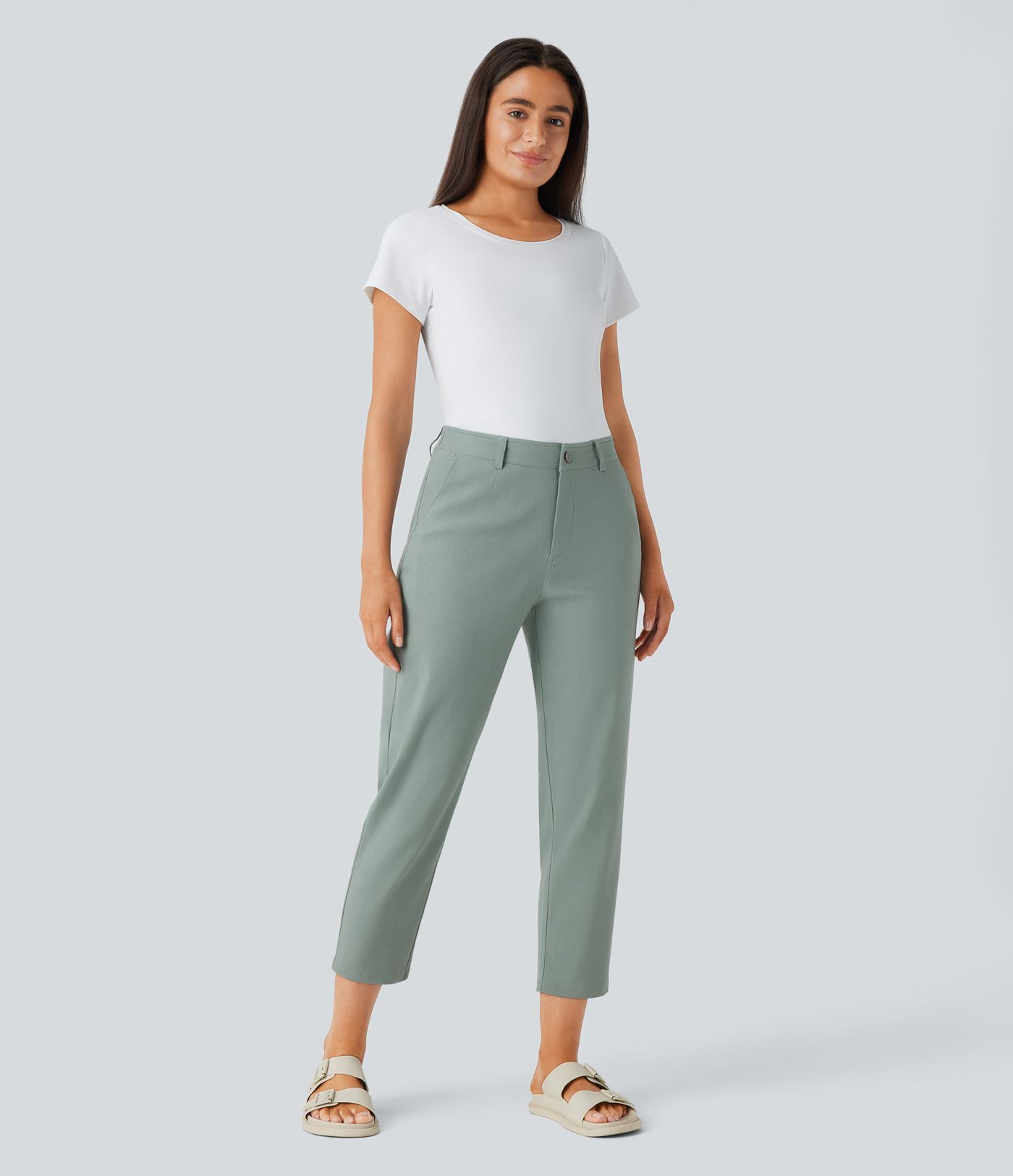 Mid Rise Pockets Casual Tapered Pants