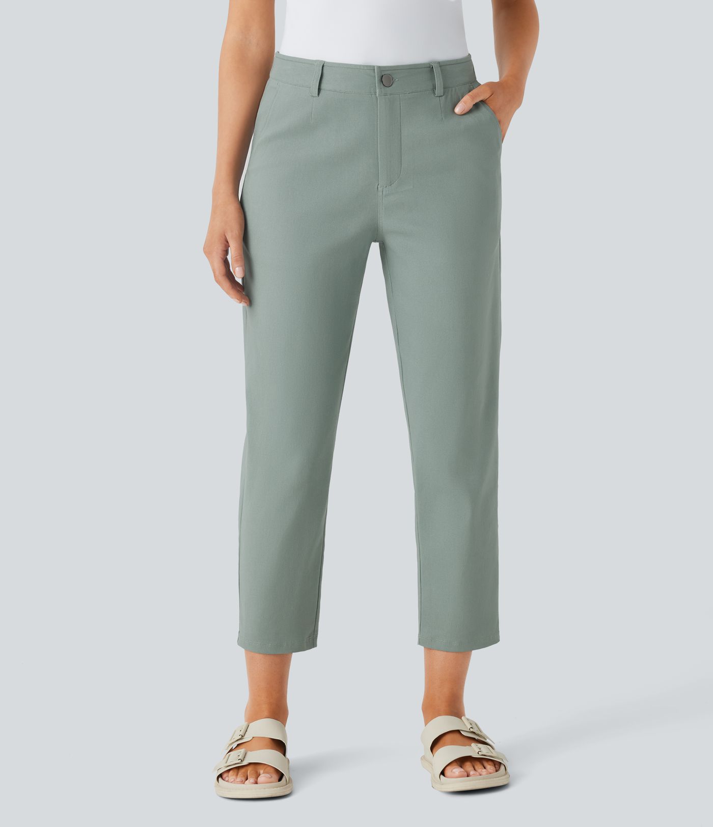 Mid Rise Pockets Casual Tapered Pants