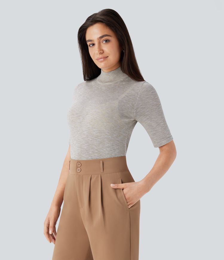 Stand Collar Elbow Sleeve Slim Work Linen-Feel Sweater