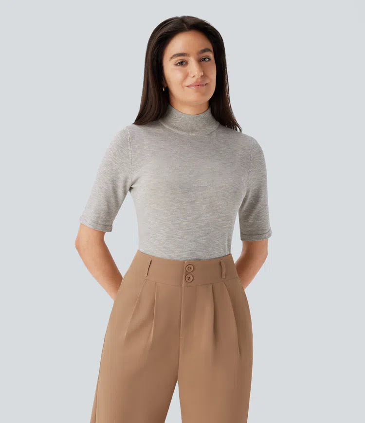 Stand Collar Elbow Sleeve Slim Work Linen-Feel Sweater