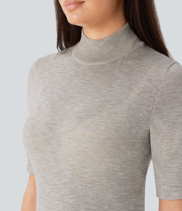 Stand Collar Elbow Sleeve Slim Work Linen-Feel Sweater