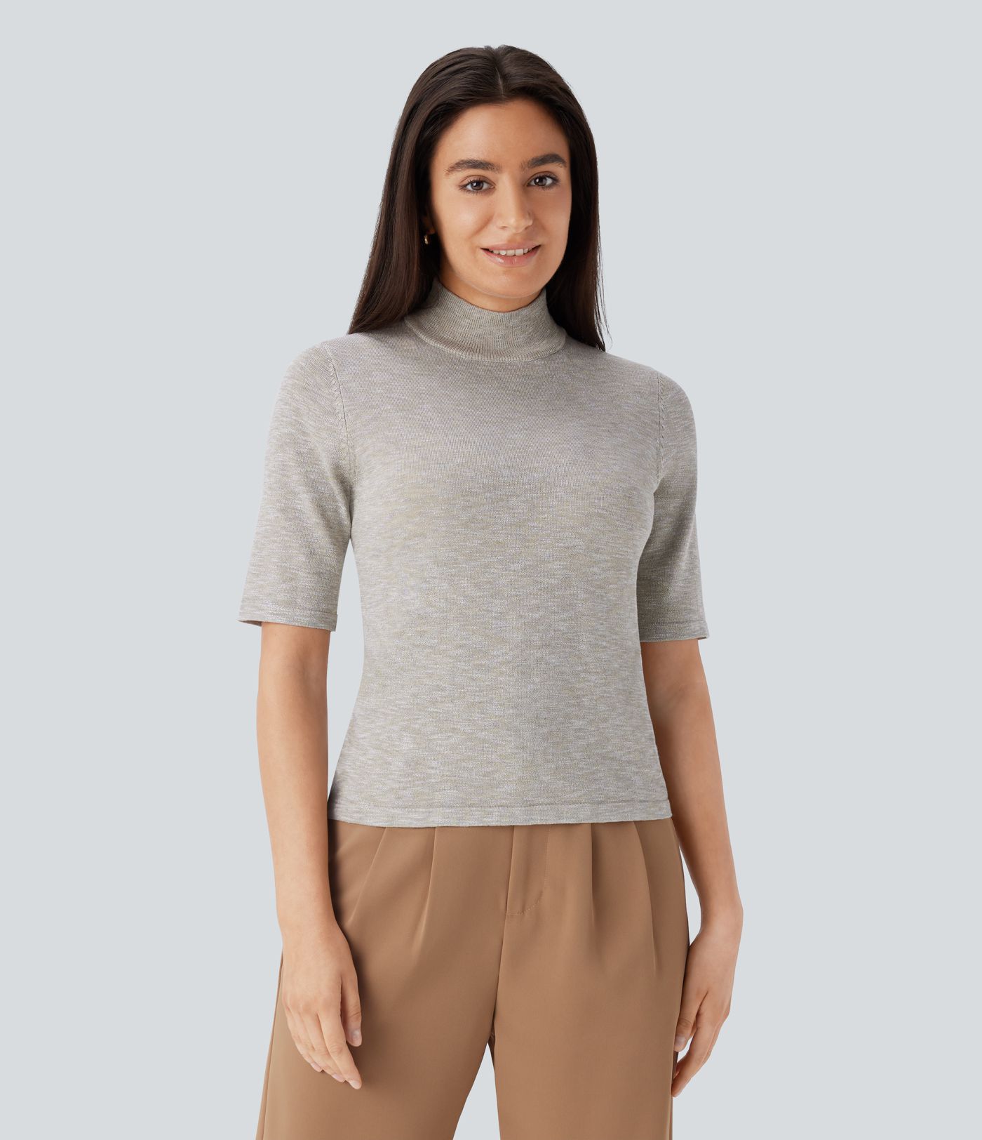 Stand Collar Elbow Sleeve Slim Work Linen-Feel Jumper