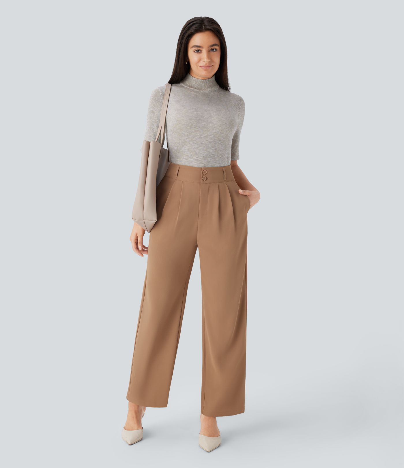 Stand Collar Elbow Sleeve Slim Work Linen-Feel Jumper