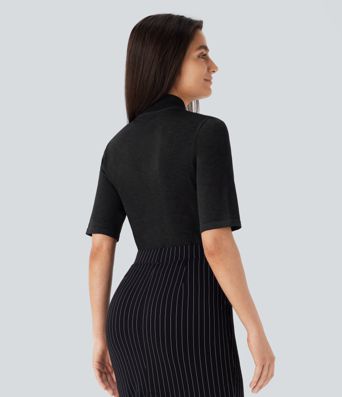 Stand Collar Elbow Sleeve Slim Work Linen-Feel Sweater