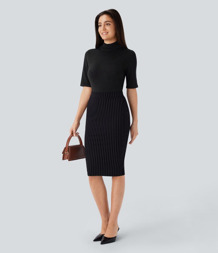 Stand Collar Elbow Sleeve Slim Work Linen-Feel Sweater