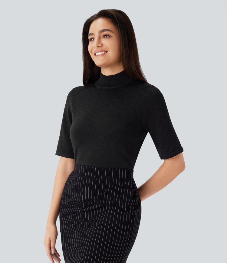 Stand Collar Elbow Sleeve Slim Work Linen-Feel Sweater
