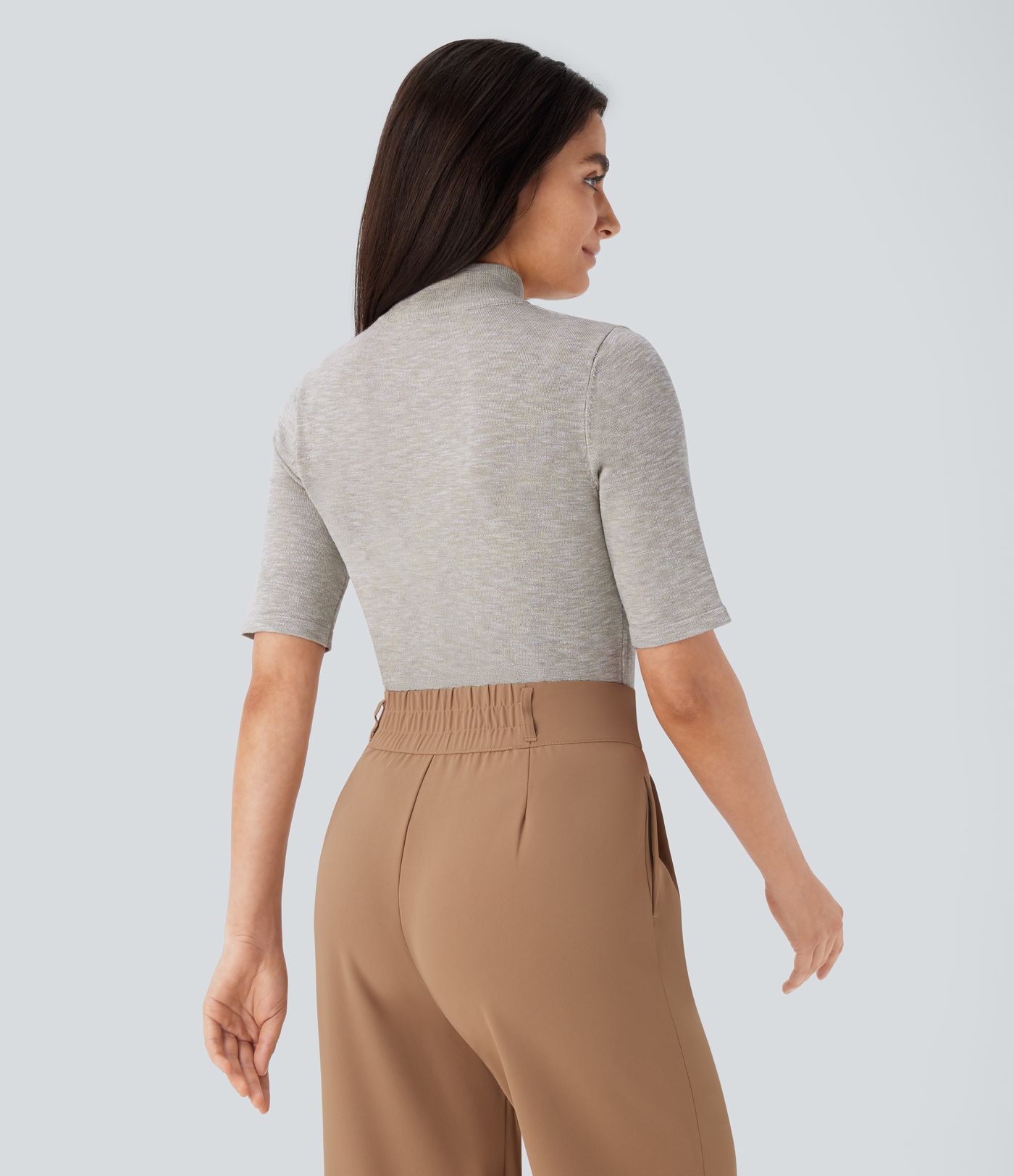 Stand Collar Elbow Sleeve Slim Work Linen-Feel Jumper