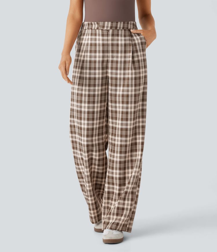 Pantalón cuadro tiro alto bolsillo lateral cremallera pierna ancha