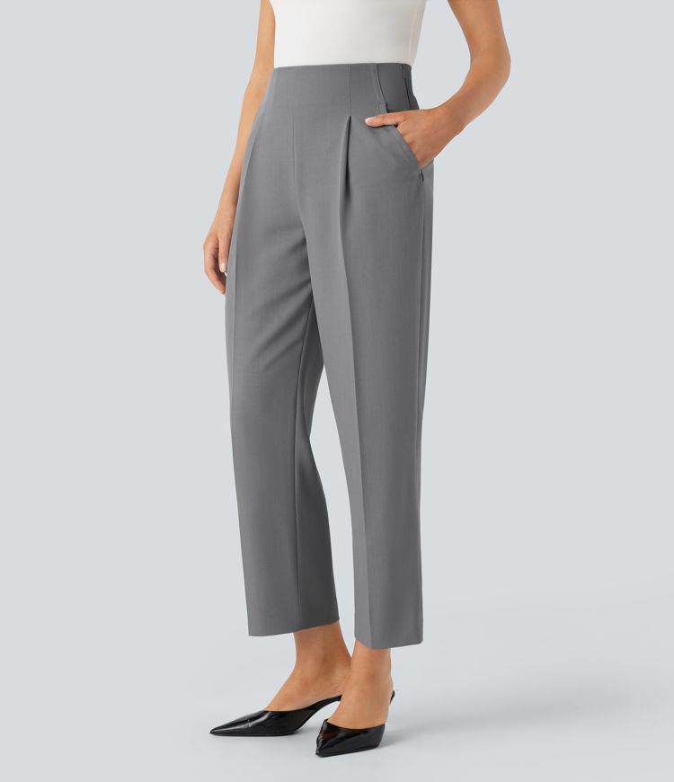 Geraffte, konische Stoffhose mit hohem Bund, unsichtbarem Reißverschluss und Seitentaschen