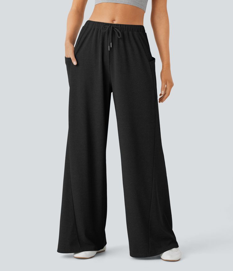 Mid Rise Drawstring Side Pocket Wide Leg Casual Pants