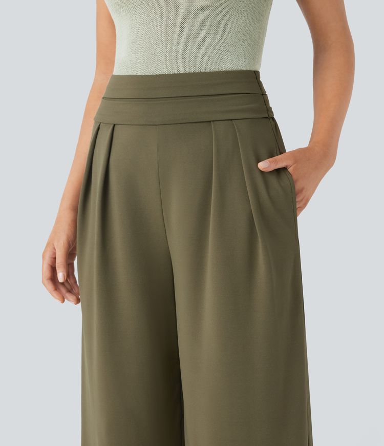 Pantalón Socinched resort pierna ancha bolsillo lateral control abdomen tiro súper alto