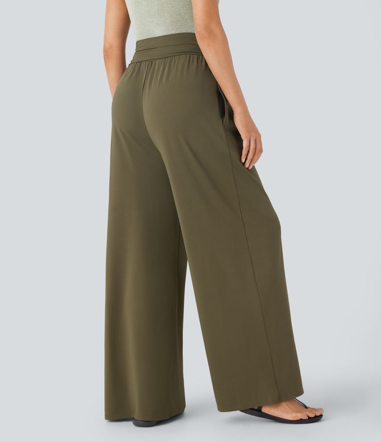 Pantalón Socinched resort pierna ancha bolsillo lateral control abdomen tiro súper alto