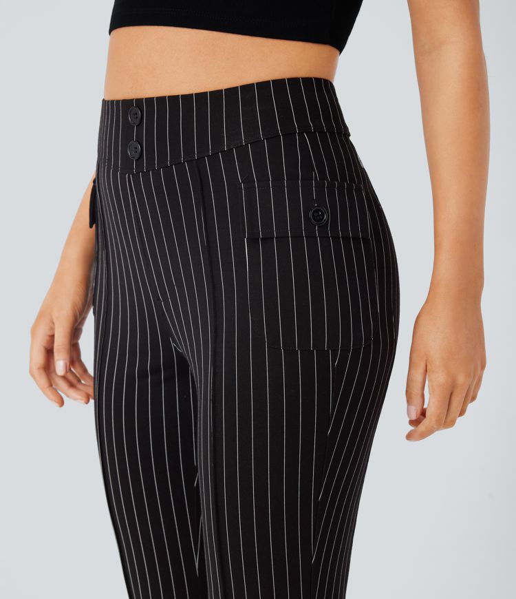 Pantalón acampanado tiro alto bolsillo solapa raya tacto fresco