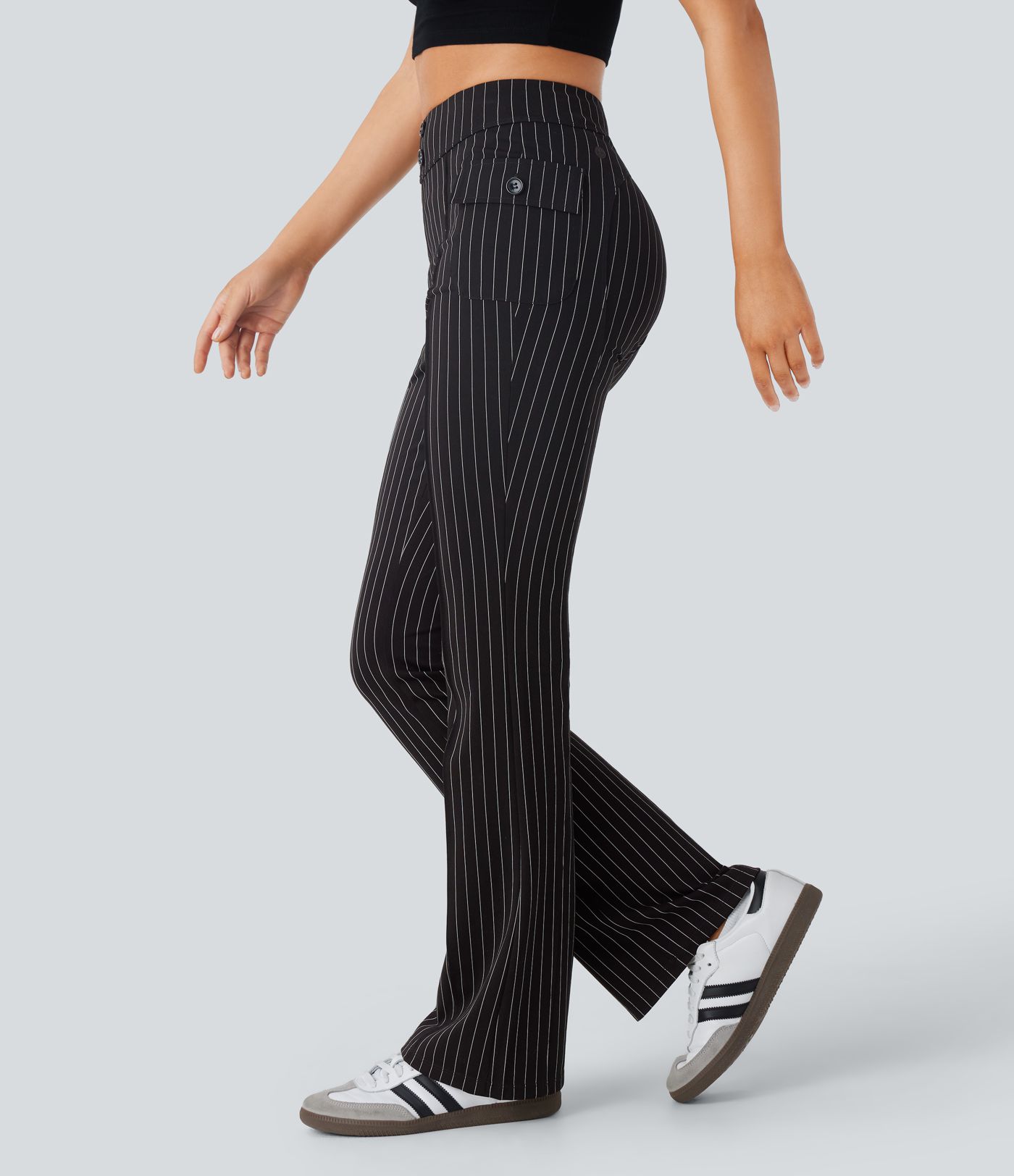 Pantalón acampanado tiro alto bolsillo solapa raya tacto fresco