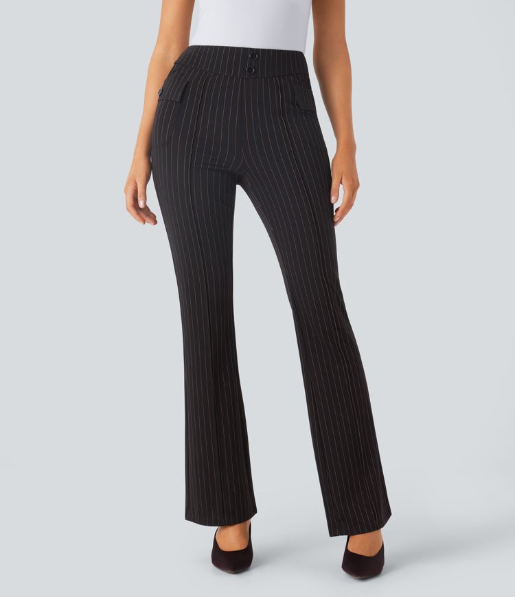 High Waisted Flap Pockets Stripe Cool Touch Casual Flare Trousers