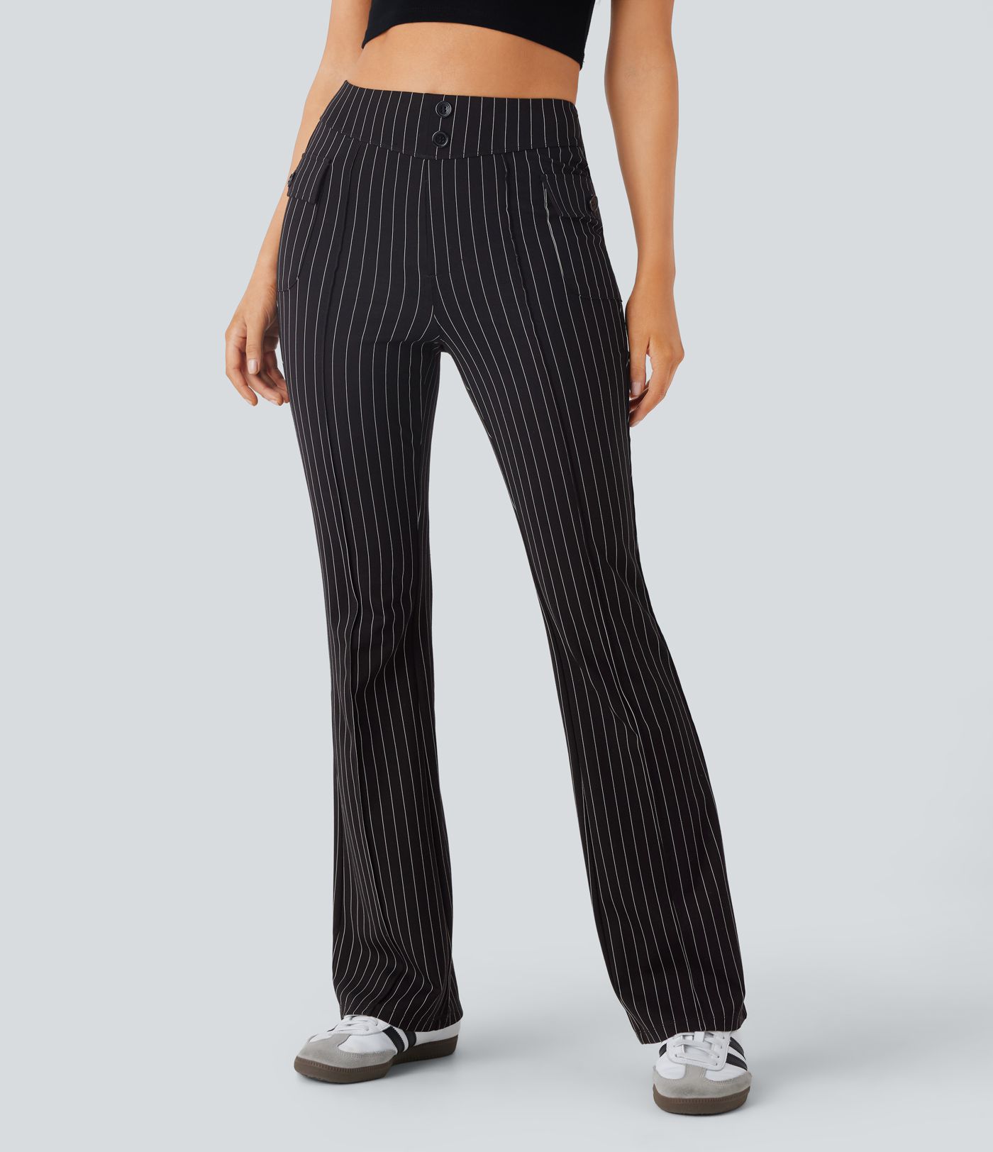 Pantalón acampanado tiro alto bolsillo solapa raya tacto fresco