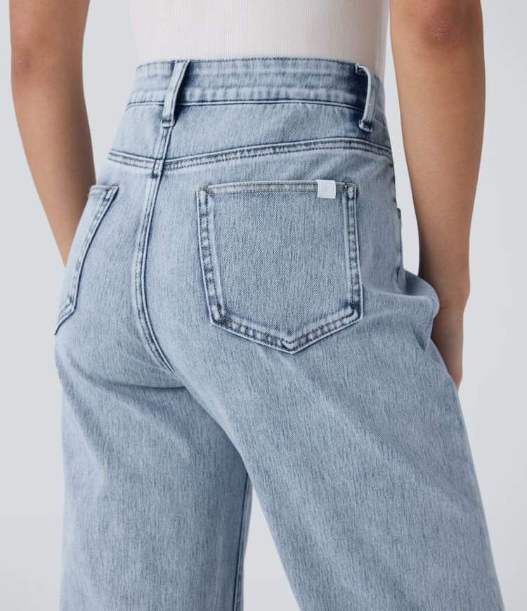 Halara Flex™ High Waisted Button Zipper Multiple Pockets Straight Leg Stretchy Knit Casual Jeans