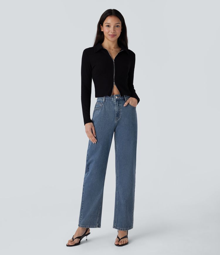 Halara Flex™ High Waisted Zipper Pockets Straight Leg Casual Jeans