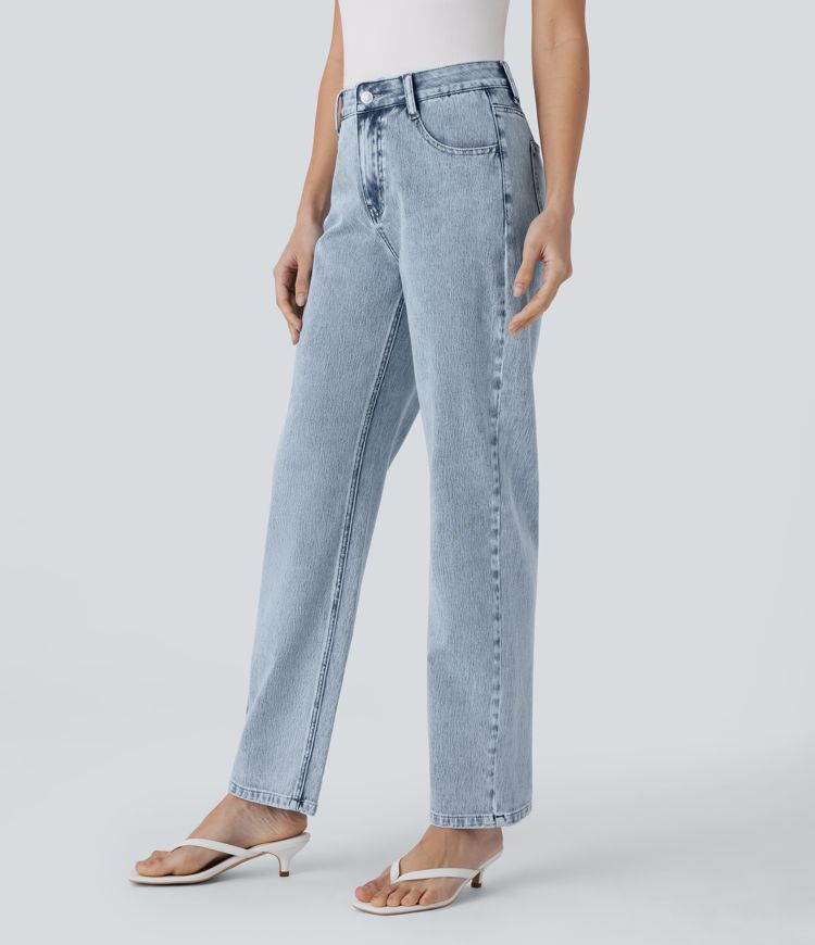 Halara Flex™ High Waisted Button Zipper Multiple Pockets Straight Leg Stretchy Knit Casual Jeans