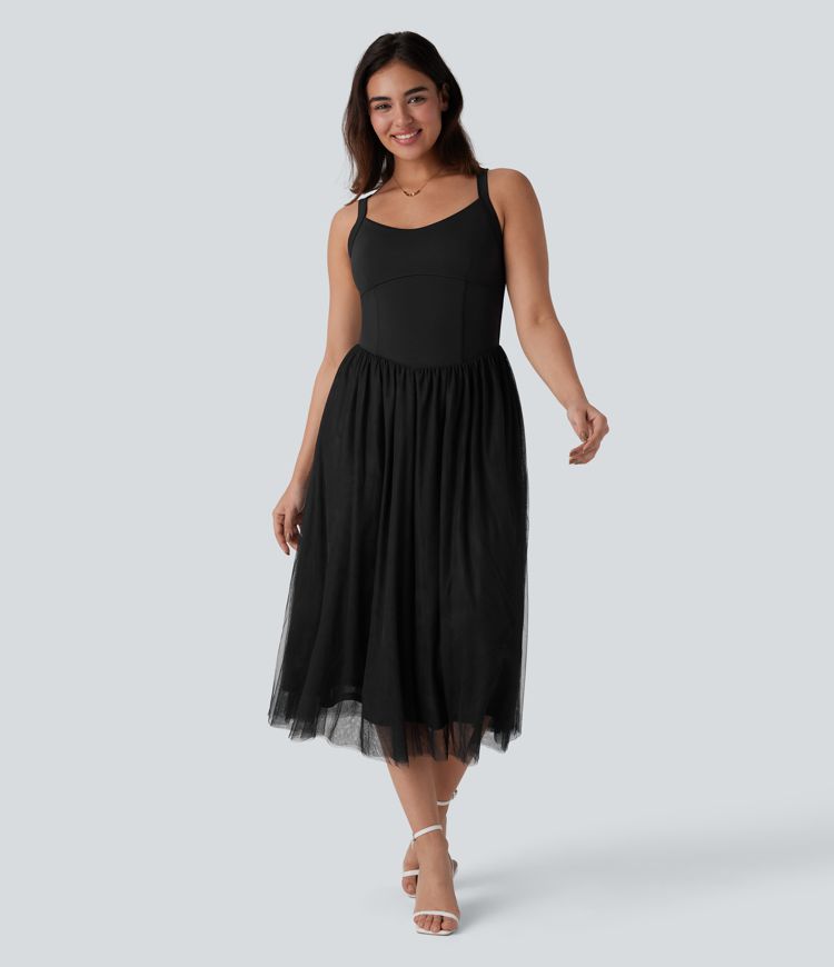 Women's Corset Contrast Mesh Midi Dress