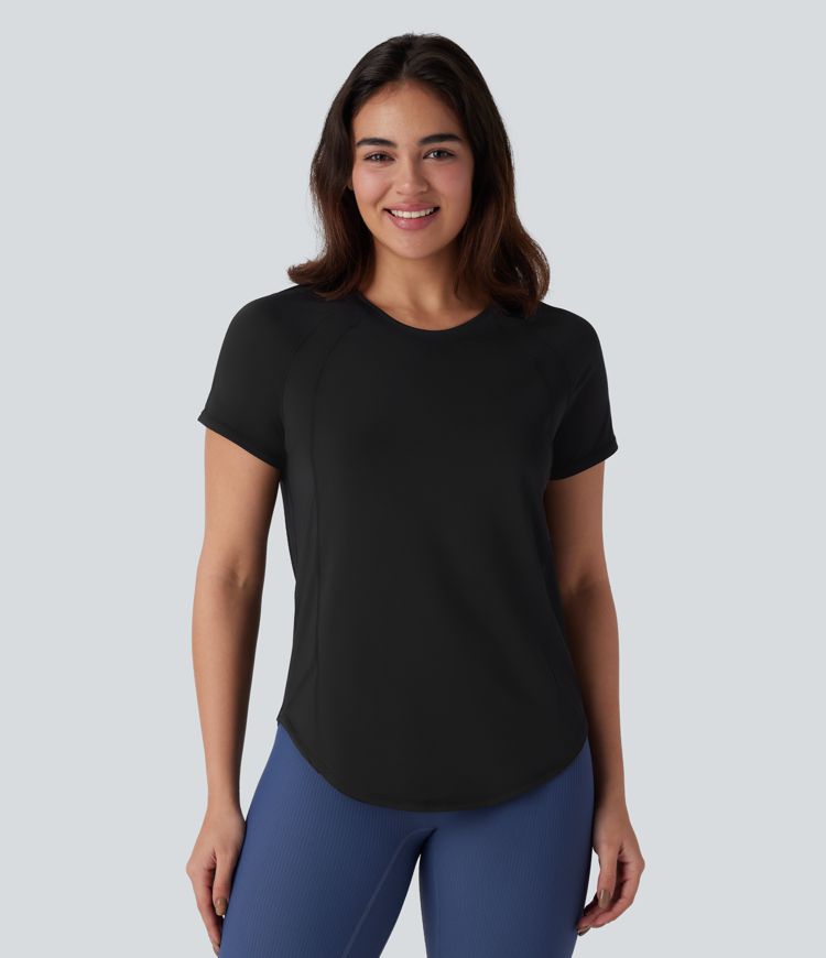 Kurzärmliges Yoga-Sport-Top mit Rundhalsausschnitt, kontrastierendem Netzstoff und abgerundetem Saum