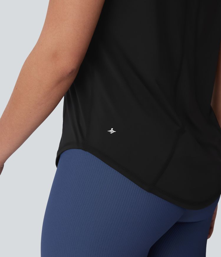 Kurzärmliges Yoga-Sport-Top mit Rundhalsausschnitt, kontrastierendem Netzstoff und abgerundetem Saum