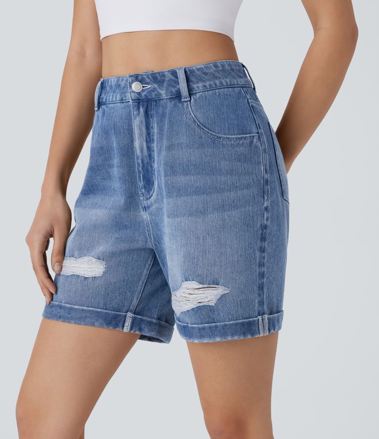 Halara Flex™ - Gewaschene Freizeit-Shorts aus elastischem Strick-Denim mit hohem Bund, mehreren Taschen, Löchern und gerolltem Saum